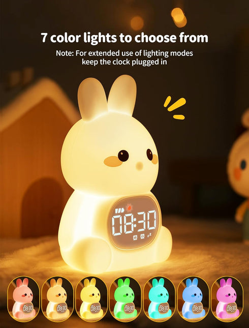 MASHI Bunny Alarm Clock, Toddler Sleep Training Clock with Sun & Moon, Sleep Sound Machine, Night Lights, Alarm Clock