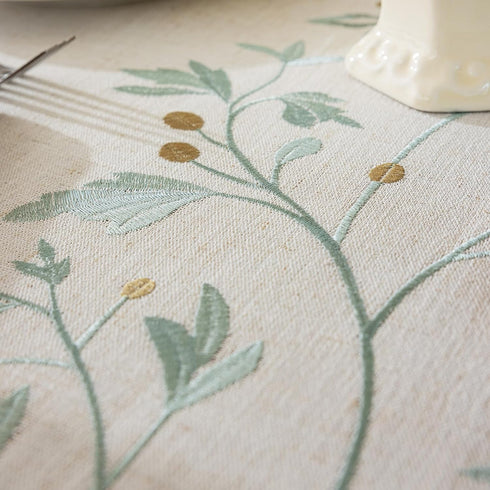 Rustic Heavy Weight Waterproof Linen Tablecloth, Beige Embroidery for Rectangle Tables, Burlap Farmhouse Covers (Green
