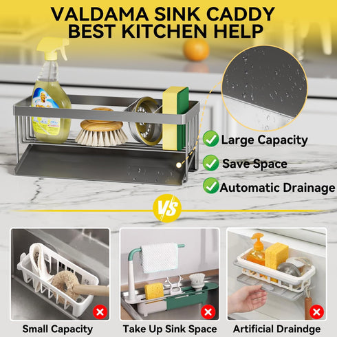 Valdama 304 Kitchen Sink Caddy Organzier with Sponge Holder and Removable Drip Tray for Kitchen Sink, Stainless Steel