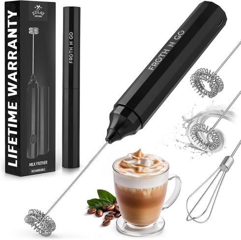 Zulay Froth N Go Milk Frother, Rechargeable 3-in-1 Wand with Case & USB-C Charger, 3 Whisk Attachments for Lattes