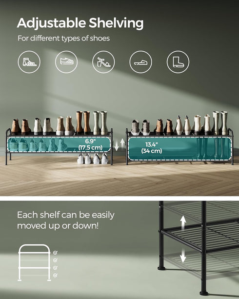 2-Tier 4 18 Closet, ULMR121B01 SONGMICS Shoe Rack, Shoe Organizer, Metal Shoe Shelf Storage with Side Hooks, Holds