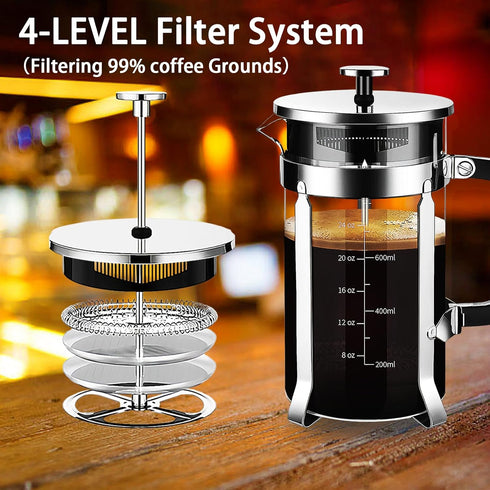 French Press Coffee Maker 304 Stainless Steel Coffee Press,with 4 Filters System, Heat Resistant Thickness Borosilicate French Press Glass, BPA-Free Brewed Tea Pot Coffee Plunger by YMMIND