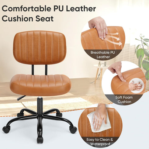 Armless 360 DUMOS Small Home Office Desk Chair - Vanity Task Chair with Low Back, Height Adjustable PU Leather Swivel