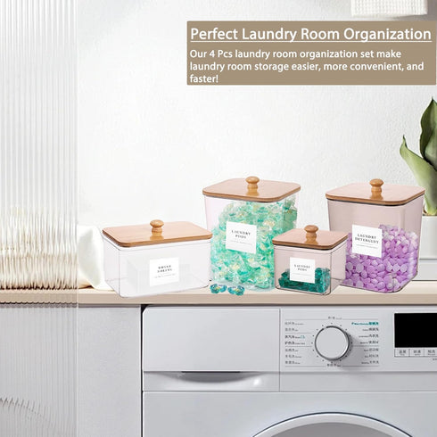 4 Pack Laundry Pods Container,Clear Dryer Sheet Holder & Laundry Room Organization and Storage with Lids, Scoops