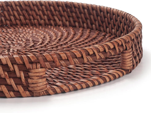 11 inch Round Rattan Tray with Cut-Out Handles, Woven Serving Tray for Dining/Coffee Table