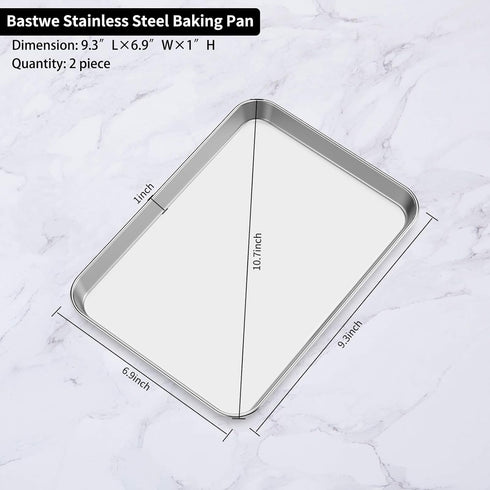 Baking Sheets 2 Pieces, Bastwe Stainless Steel Cookie Sheet, Rectangle Size 9 x 7 x 1 inch, Easy Clean