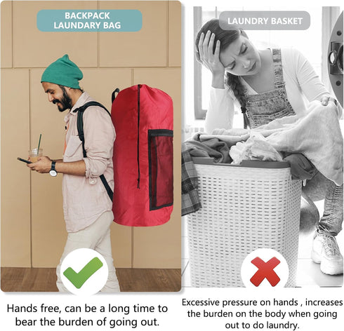 Portable Laundry Bag Backpack, Adjustable Shoulder Straps, Travel Dirty Laundry Bag with Drawstring Closure