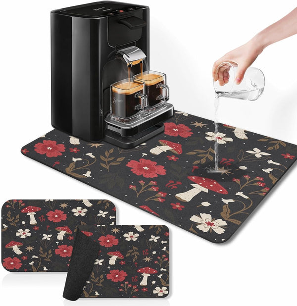 Coffee Mat for Countertops, 2 Pcs Mushroom Red Floral Dish Drying Mat for Kitchen, Espresso Machine, Rubber 12x19in