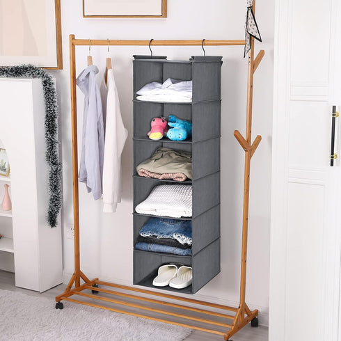 MAX Houser 6 Tier Shelf Hanging Closet Organizer, Foldable Hanging Shelf with 2 Sturdy Hooks for Storage (Grey)