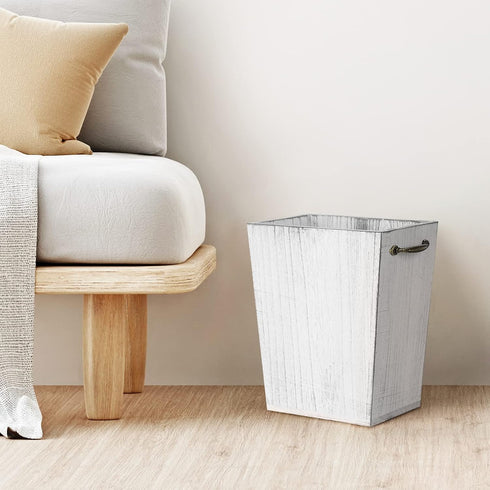 Rustic Farmhouse Wood Wastebasket Trash Can, Square Garbage Container Bin with Decorative Metal Handle for Home