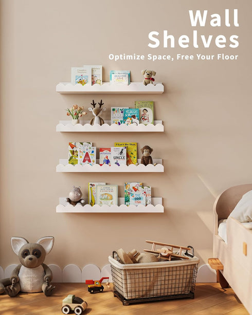 Shario 4-Pack Nursery Book Shelves, White Floating Shelves for Wall Kids, Scalloped Shelves, Wall Book Shelves