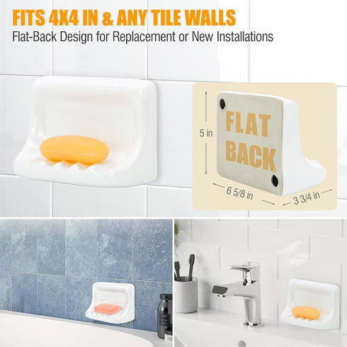 4x4 Inch Shower Wall Soap Holder & Ceramic Soap Dish - Fits & Any Tile Walls, Heavy-Duty Flat-Back Design with Drainage