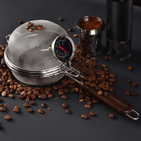 Home Coffee Bean Roaster Tool - CAFEMASY Portable Stainless Steel Roasting Pan with Thermometer for Outdoor Baking