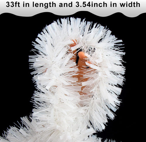 FOIMAS 33FT Christmas Tinsel Garland, White Twisted Metallic Hanging Garland for Christmas Tree, Fireplace Home