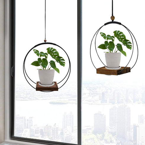 Stands(2 Pack+Pots) hismocal Hanging Planter for Indoor Plants,Plant Hanger with Sturdy Wood Base & Pot, Modern Boho