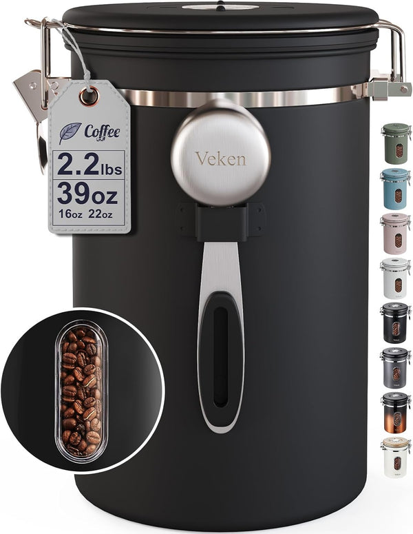 Veken Large Coffee Canister with Window, Kitchen Food Storage Airtight Stainless Steel