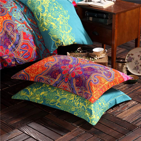 Omelas 2 Pack Bohemian Pillowcase Standard Queen Size - Colorful Floral Striped Pillow Shams with Envelope Closure