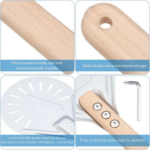 Pizza Turning Peel, Perforated Metal Aluminum Paddle with 16 Inch Anti-Scalding Non-Slip Wooden Handle
