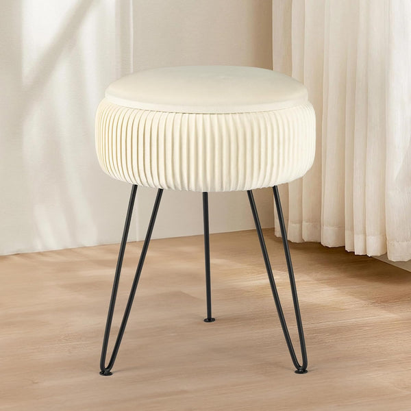 Velvet Vanity Stool with Storage, Round Ottoman Vanity Chairs with Anti-Slip Feet,