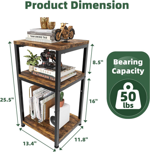 3 Simple Trending Side Table, End Table Night Stand, Tiers Shelf for Living Room, Rustic Brown