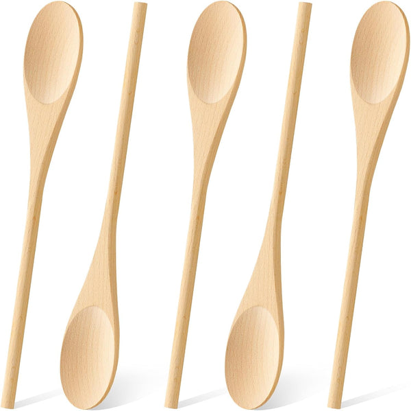 MORGLES 5PCS Wooden Cooking Spoons, 12 Inch Long Handle for Mixing, Tasting, Stirring Food