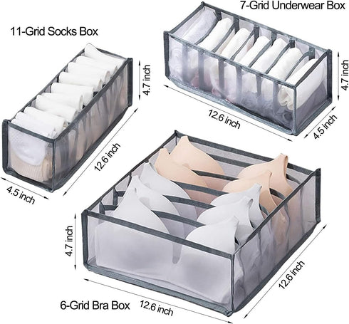 3 Set Underwear Organizer, Foldable Bra Underwear Drawer Divider Bins for Socks, Ties, Bras, Gray Storage Compartment