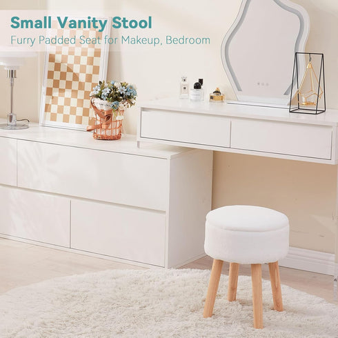 BRIAN & DANY Vanity Stool, Sherpa Vanity Stool Chair with Storage, Round Makeup Chair Soft Padded Seat with Legs