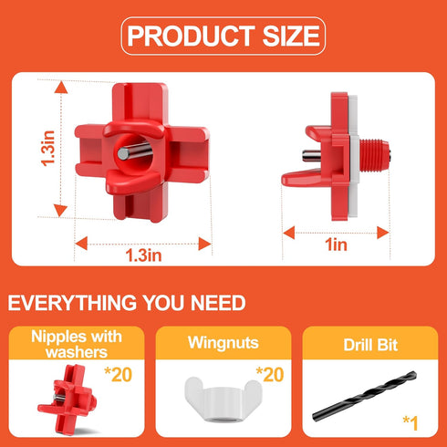 (Pack 20) ZenxyHoC Horizontal Chicken Waterer Nipples, Automatic Poultry Watering System with Drill Bit, Leak-Proof