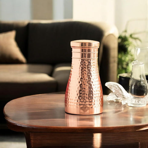 Indian Art Villa Pure Copper Bedroom Water Bottle with Inbuilt Glass & Hammered Shine Design, 32 Oz