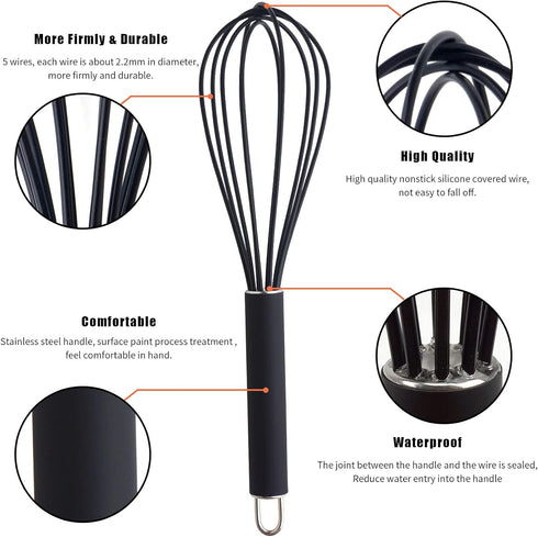 high temperature and easy to clean silicone whisk, stirrer, 10 inch, grip good grip design for Blending Whisking Beating Stirring Cooking Baking (1 Pack | black) by GorGin
