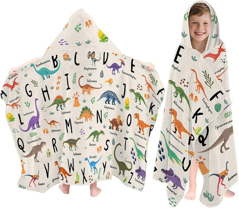 Dinosaur Hooded Beach Towel for Kids, Alphabets Hooded Towels for Toddlers 30"