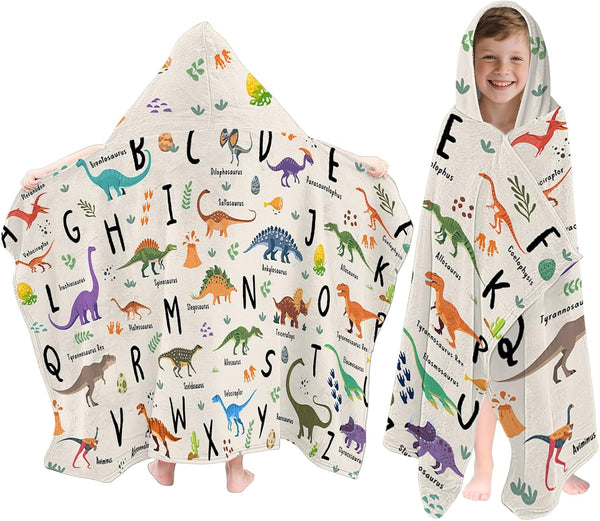 Dinosaur Hooded Beach Towel for Kids, Alphabets Hooded Towels for Toddlers 30"