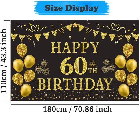 Trgowaul 60th Birthday Backdrop - Gold and Black 5.9 x 3.6 Fts Happy Birthday Party Decorations Banner