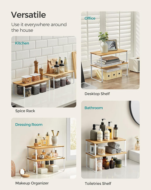 SONGMICS Cabinet Organizer Shelf, Set of 4 Kitchen Storage, Spice Rack, Stackable, Expandable, Metal and Engineered Wood