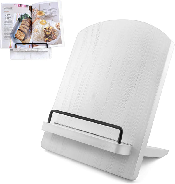 Wood Cookbook Stand, Adjustable Cookbook Holder for Kitchen, Recipe Stand for Counter, White