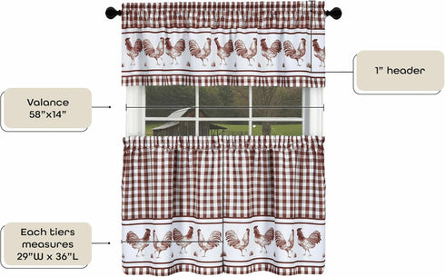 Light Filtering Printed Tier & Valance Window Curtain Set - 58 Inch Length, 36 Inch Width - Barnyard (Burgundy),