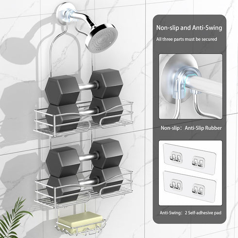 Shower Caddy Organizer with 6 Hooks for Razor & Sponge, Shower Shelf with Soap Basket, Hanging Storage, Silver