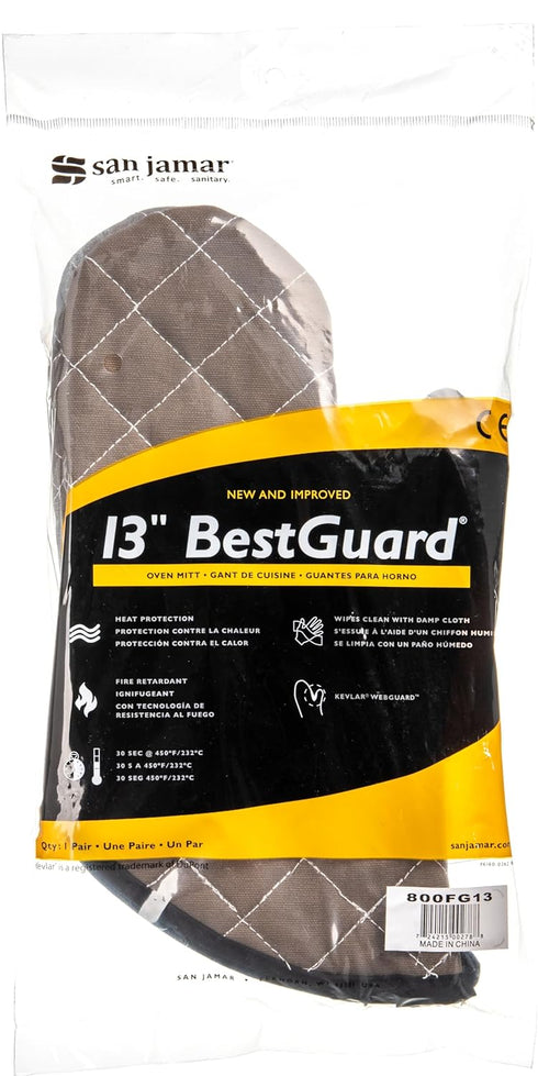 San Jamar BestGuard 800FG13 Commercial Oven Mitts, Heat Protection Up To 450°F, 13" Length, Tan (Pair)