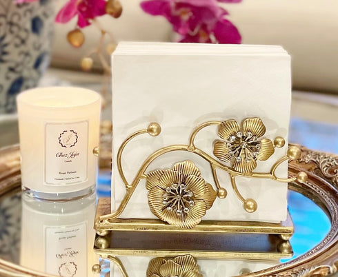 Gold Orchid Blooms Napkin Holder| Exquisite Orchid Flowers & Faux Crystals Design| Vertical Iron Metal Disposable