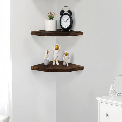 Set 2, (Brown-10 inch) Joiishom Wood Corner Wall Shelves of Solid Wood Corner Floating Shelves for Wall, Round End Wall