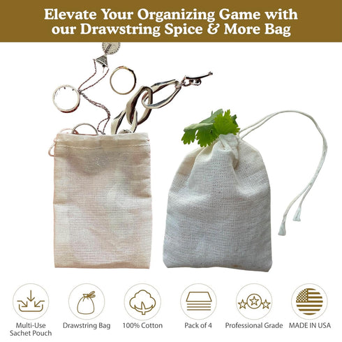Regency Wraps 100% Cotton Drawstring Bag, Mini Bags, 3" x 4", Pack of 4, Natural