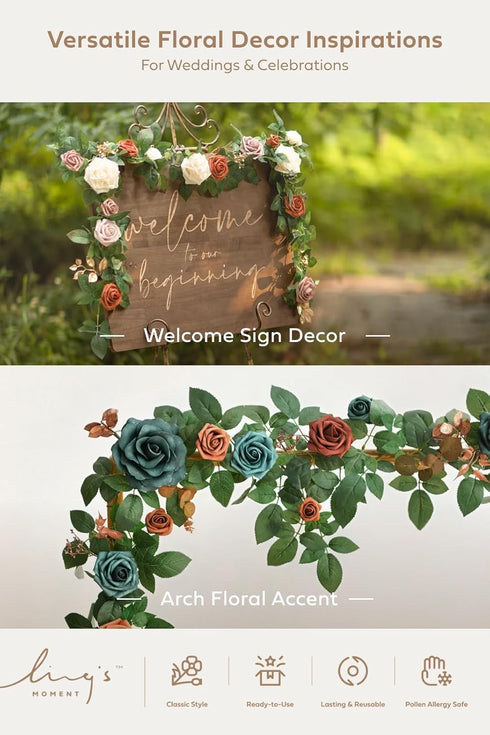 5FT Ling's Moment Teal Blue Artificial Flower Garland Burnt Orange Rose Eucalyptus Leaves Floral Garland Arch Flowers
