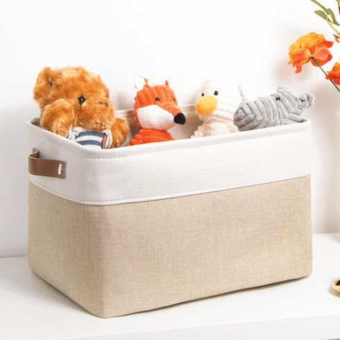 DULLEMELO Collapsible Rectangle Fabric Storage Basket, Organizing Clothes, Toys, Laundry, White & Khaki