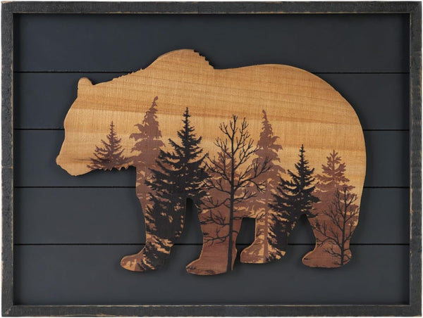 NIKKY HOME Cute Bear in The Forest Woodland Decorative Wood Framed Wall