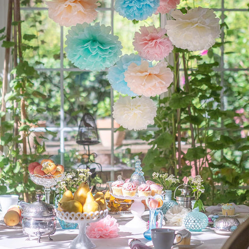 Pastel Tissue Paper Pom Poms, Hanging Paper Flowers for Rainbow Birthday Decorations, Baby Shower Decor, Easter Party
