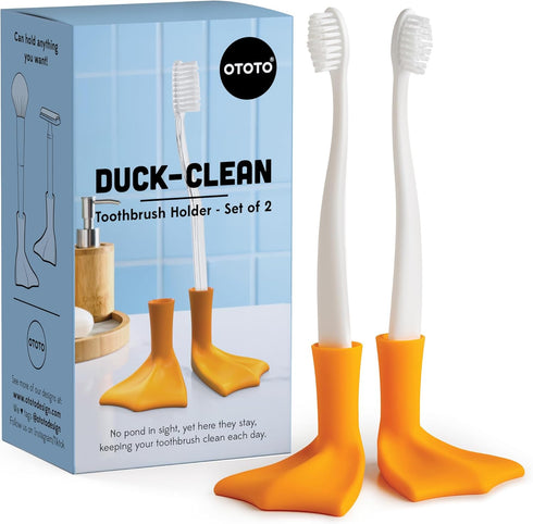 OTOTO Duck-Clean Toothbrush Holder 2pk - Duck Leg Bathroom Organizer, Funny White