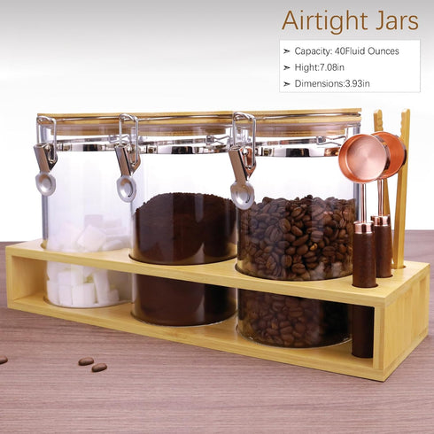 Matifaner Countertop Tea,40 Fluid-oz,Pack 3 Glass Coffee Storage Containers with Bamboo Shelf,Ground Coffee Holder
