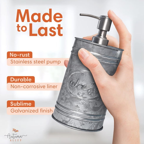 Autumn Alley Galvanized Farmhouse Soap Dispenser, Rustic Kitchen & Bathroom Accessories, 17.5 oz, Grey
