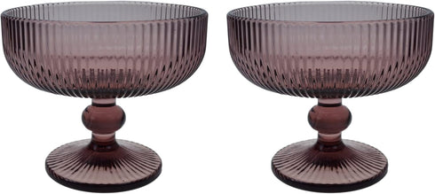 Vintage Strips Embossed Glass Footed Dessert Bowl, 9 oz Dark Purple Ice Cream Bowl, Set of 2 for Home Party