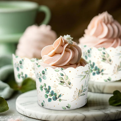 100Pcs Eucalyptus Leaf Paper Baking Cups, Green Gold Foil Leaves Cupcake Wrappers for Parties